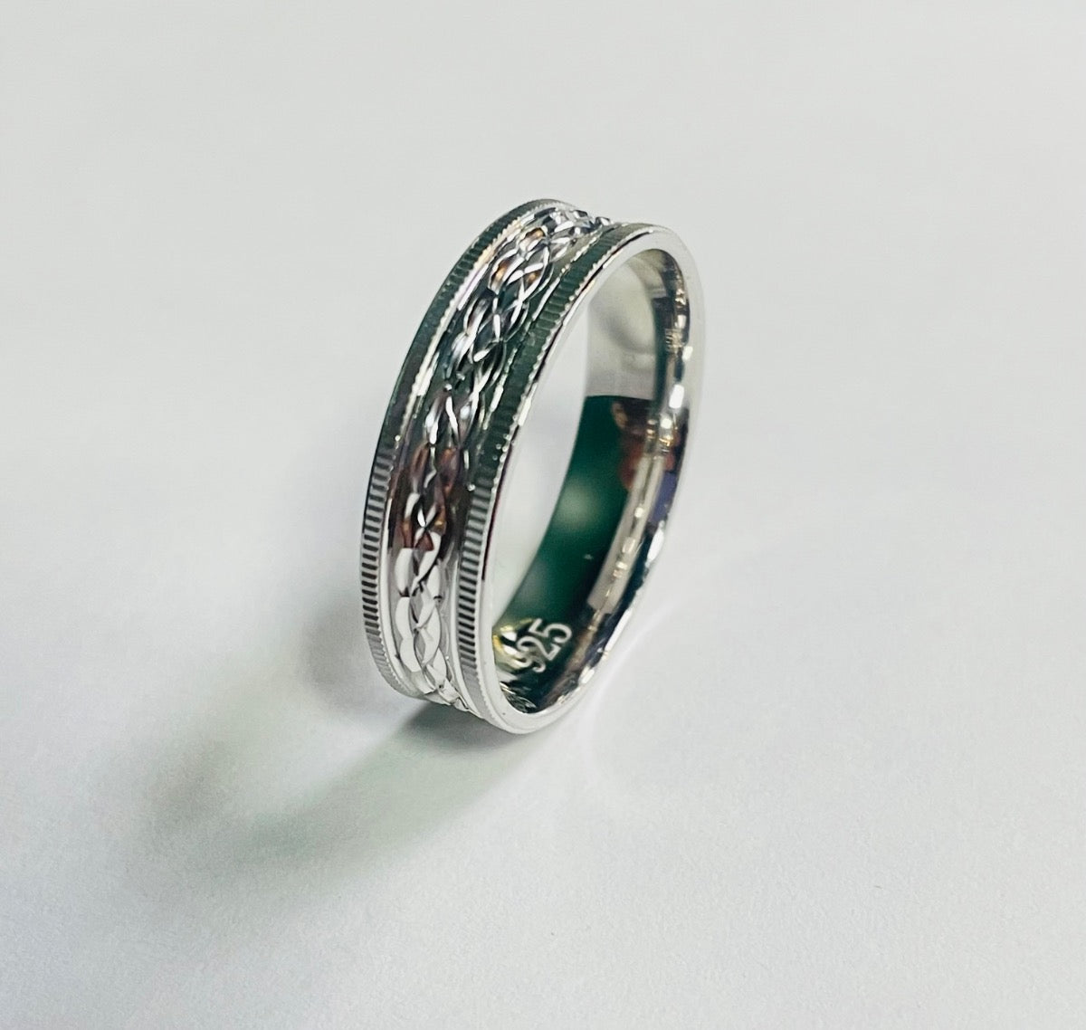 White Silver Diamond Cut Wedding Band