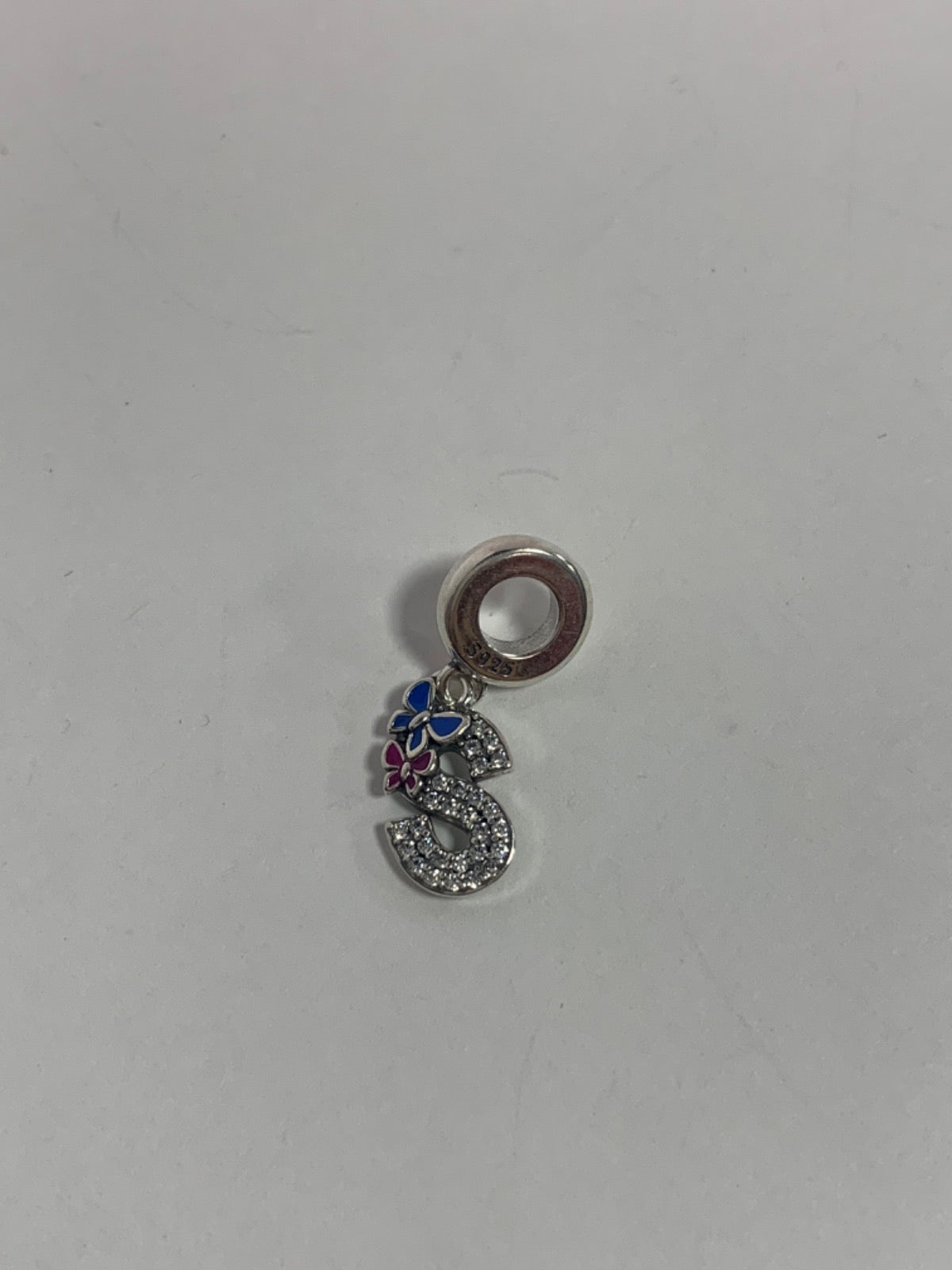White Silver S Charm with CZ