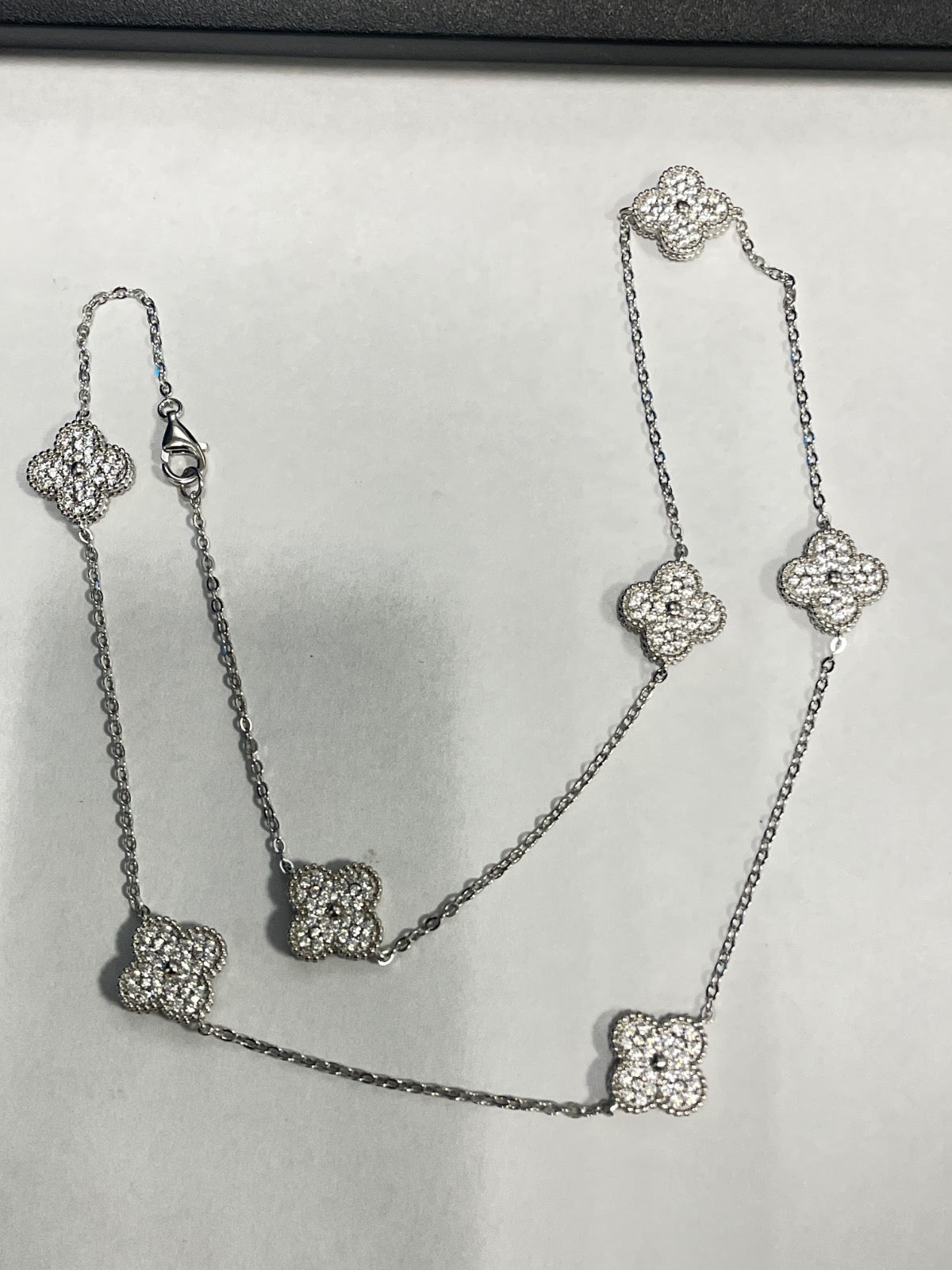 White Silver Clover Necklace with CZ