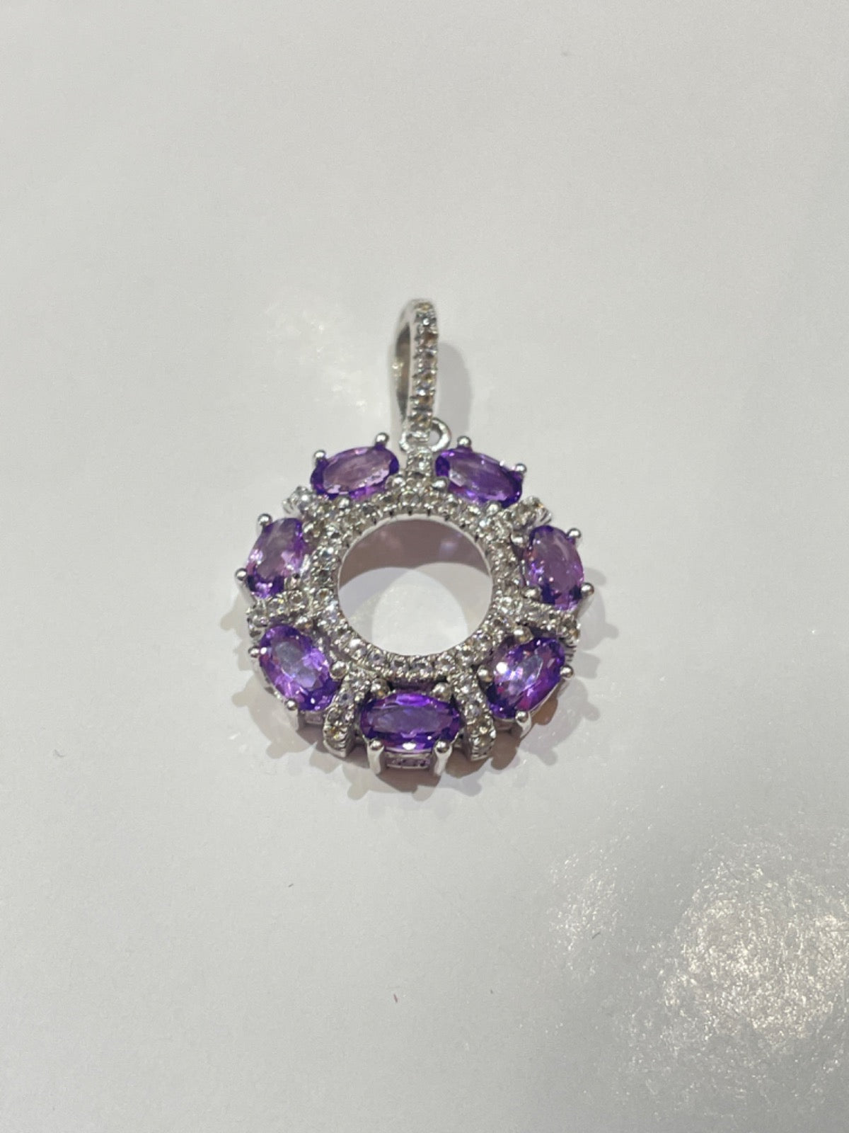 White Silver Cz Pendant with Amethyst