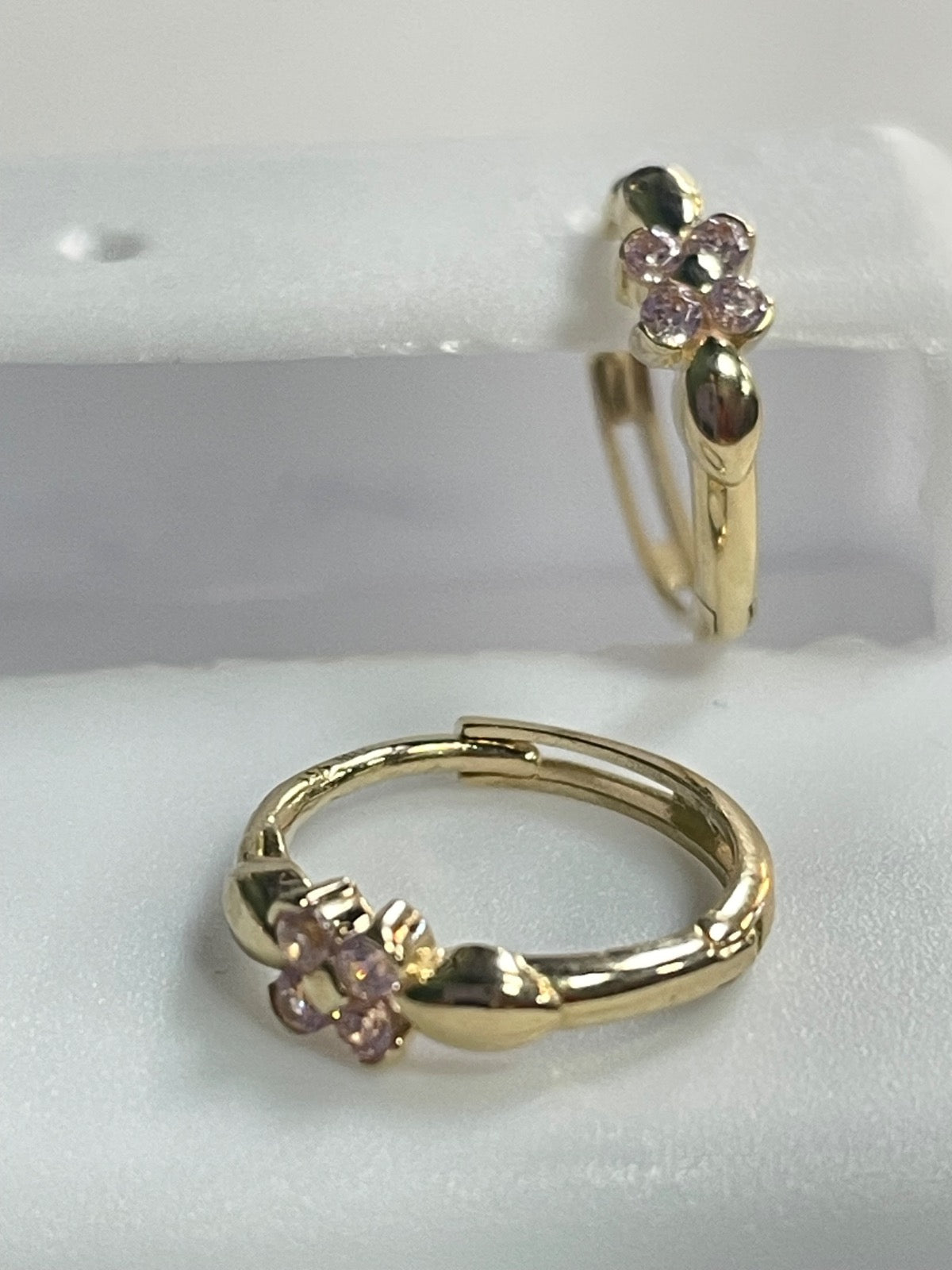 14K Yellow Gold Small Hoop Plink Flower Earring with CZ