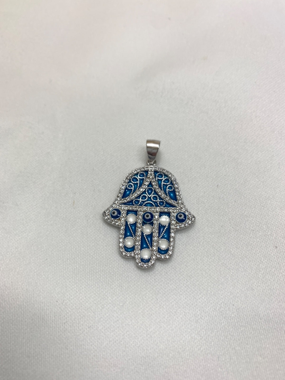 White Silver Hamsa Hand Pendant with CZ