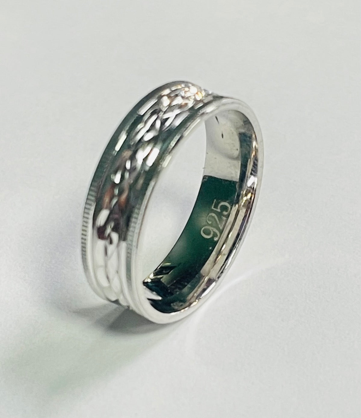 White Silver Diamond Cut Wedding Band
