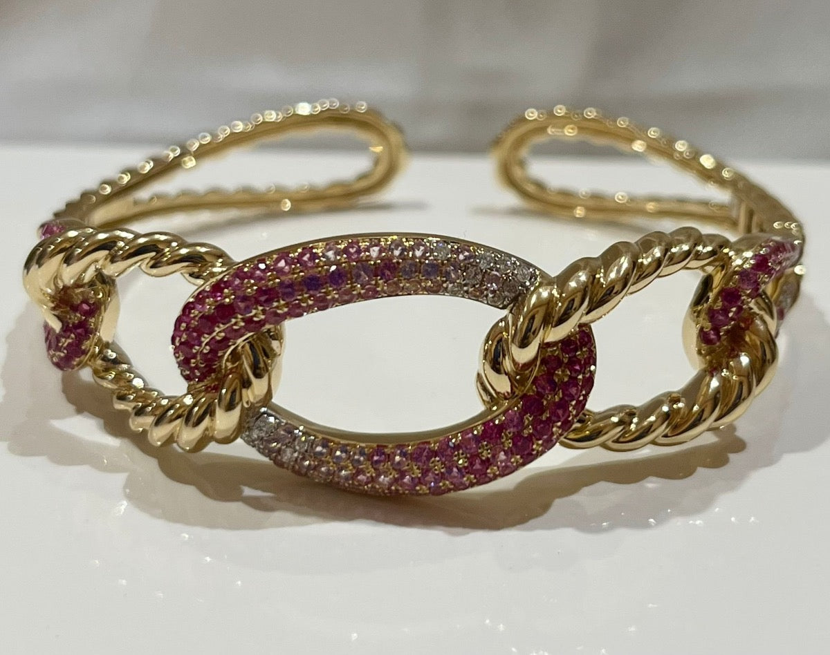 14K Yellow Gold Bangle Bracelet with Diamond and Sapphire