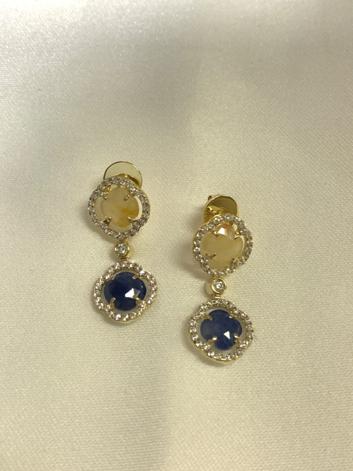 14K Yellow Gold Blue Earring with CZ and Sapphire