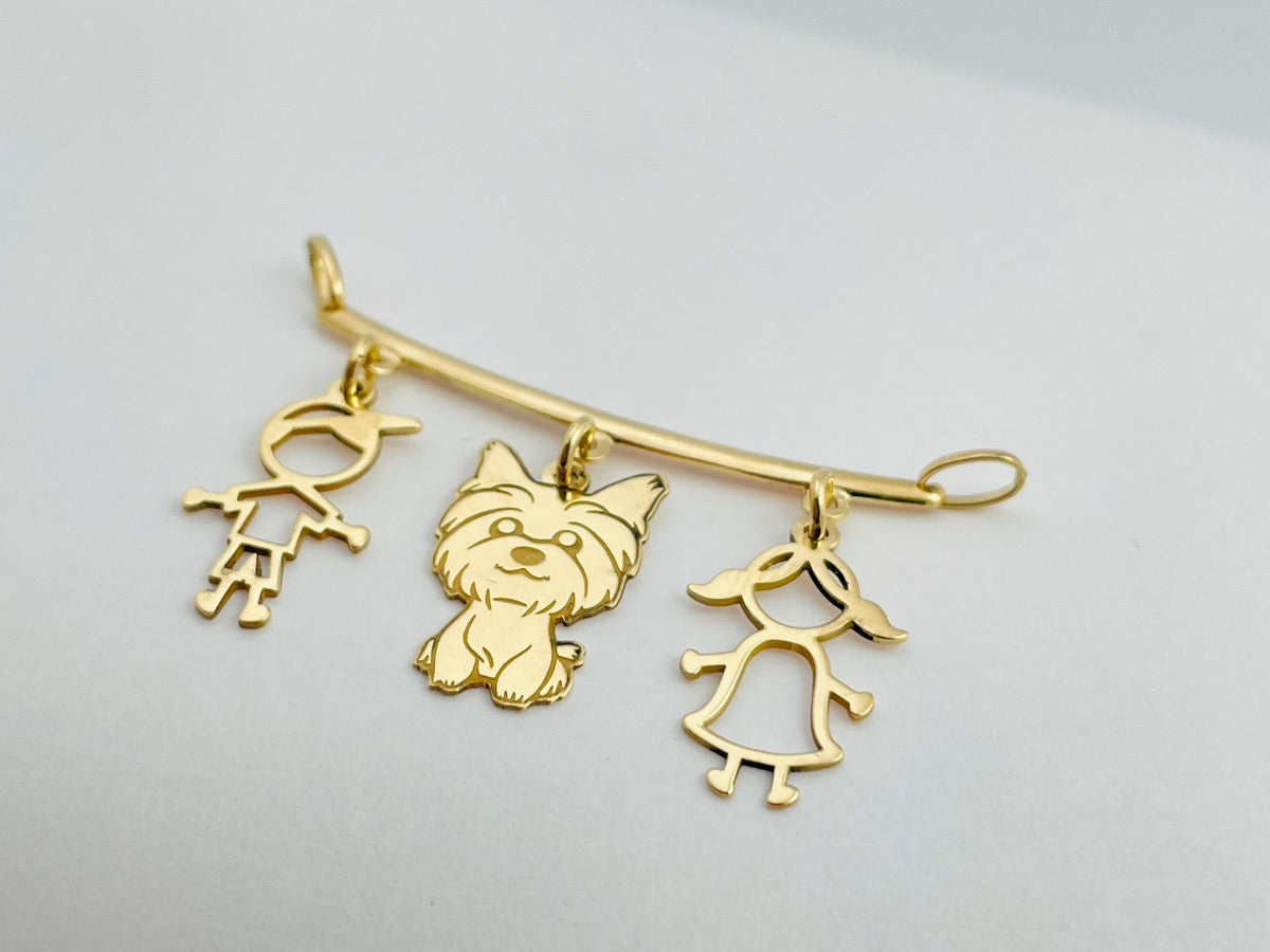 18K Yellow Gold Kids and Dog Pendant