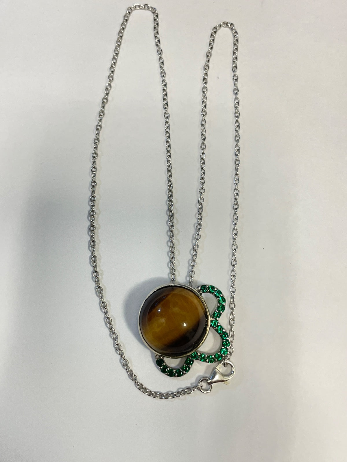 White Silver Necklace with CZ and Cats Eye