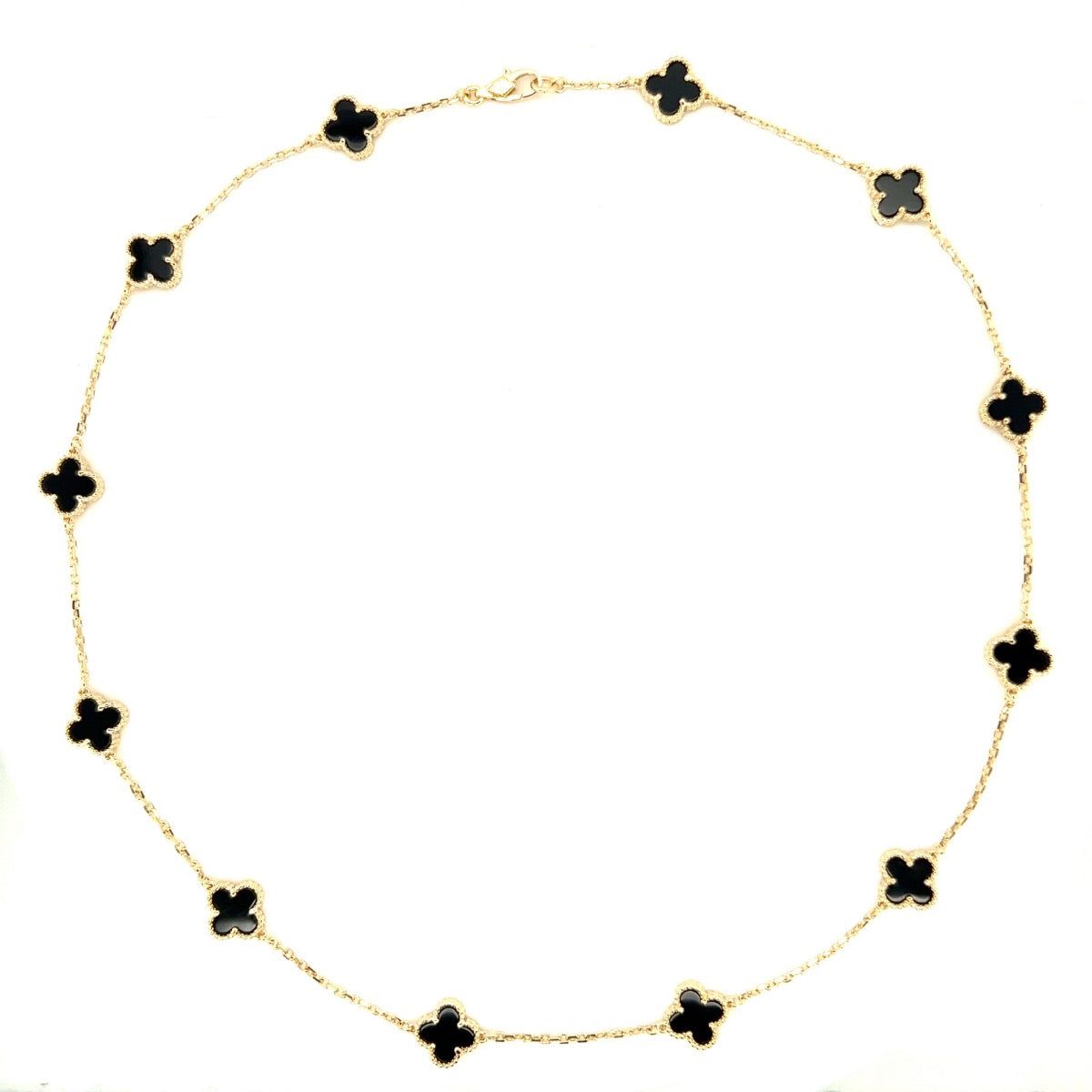 18K Yellow Gold Clover Charm Necklace Set with Onyx