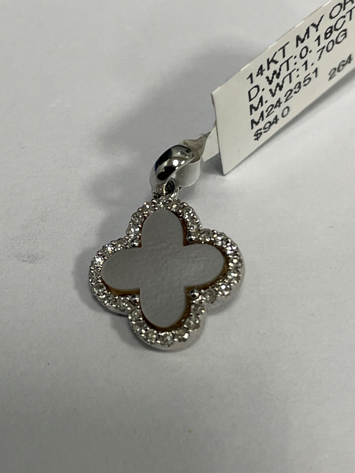 14K White Gold Clover Charm with Diamond and Mother Of Pearl