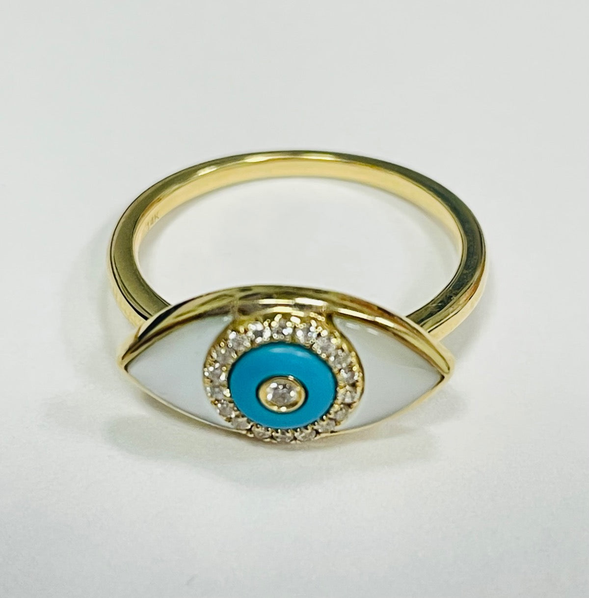 14K Yellow Gold Eye Ring with Diamond and Mother Of Pearl