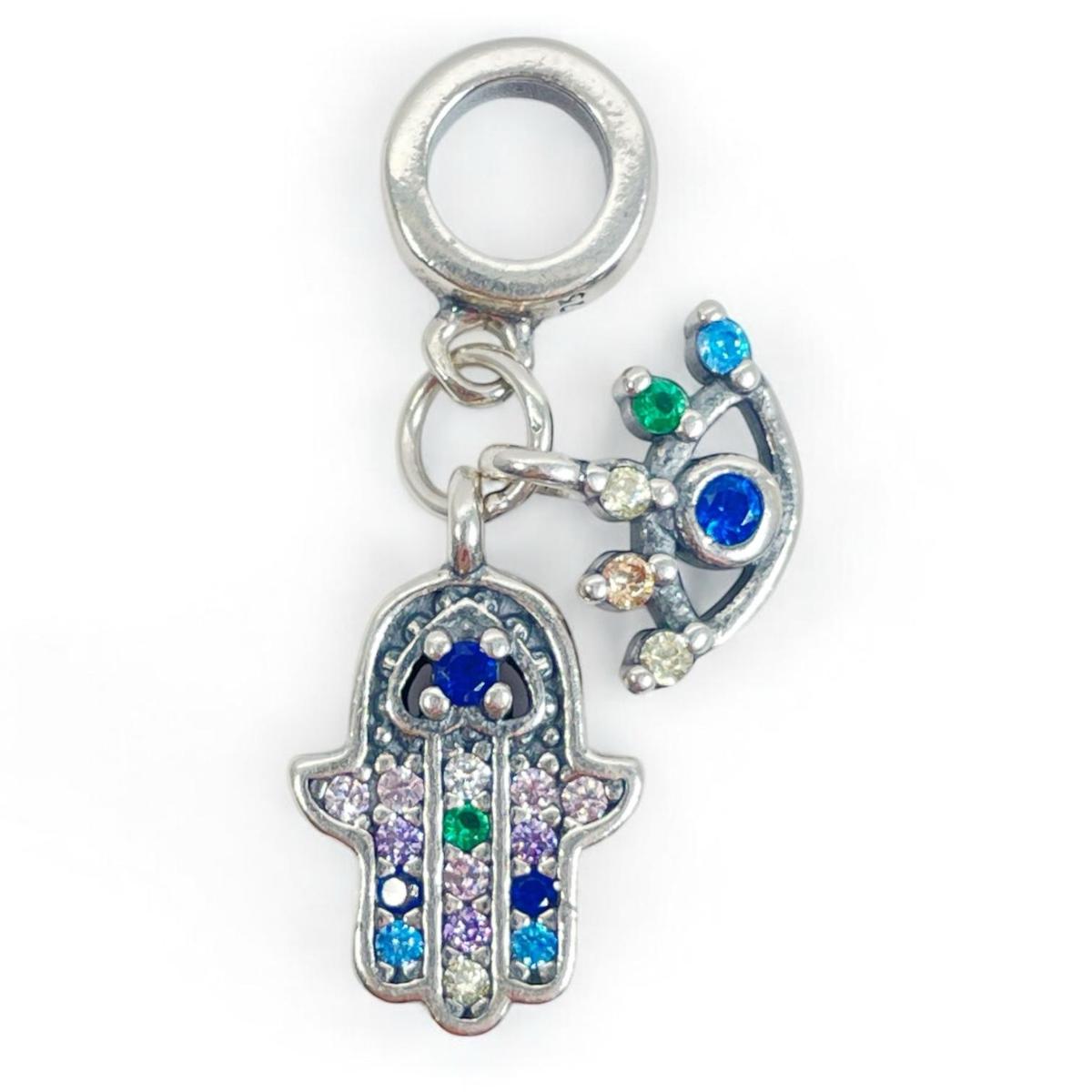 White Silver Hamsa Hand and Eye Charm with CZ