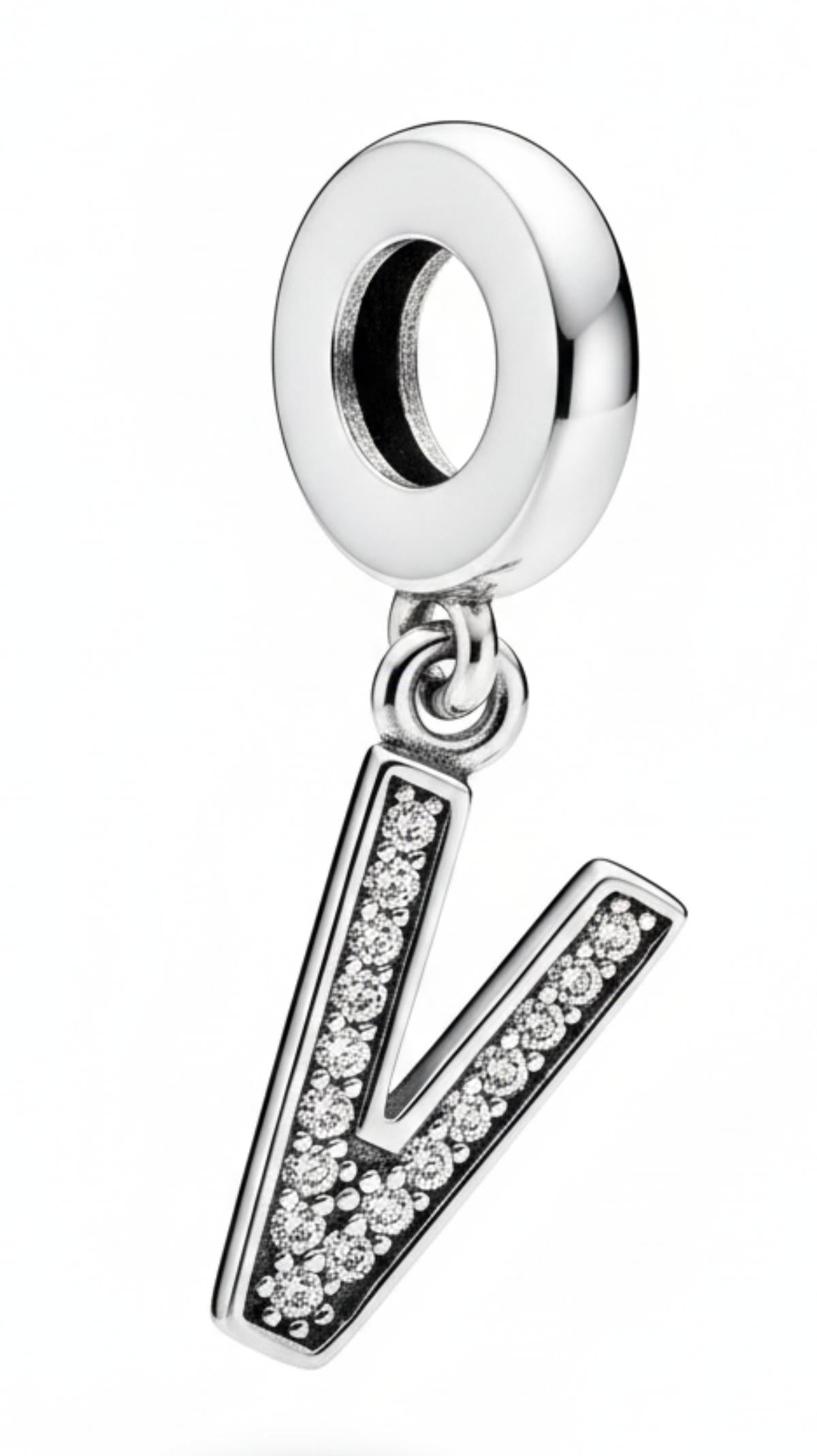 White Silver Pandora Letter V Charm with CZ