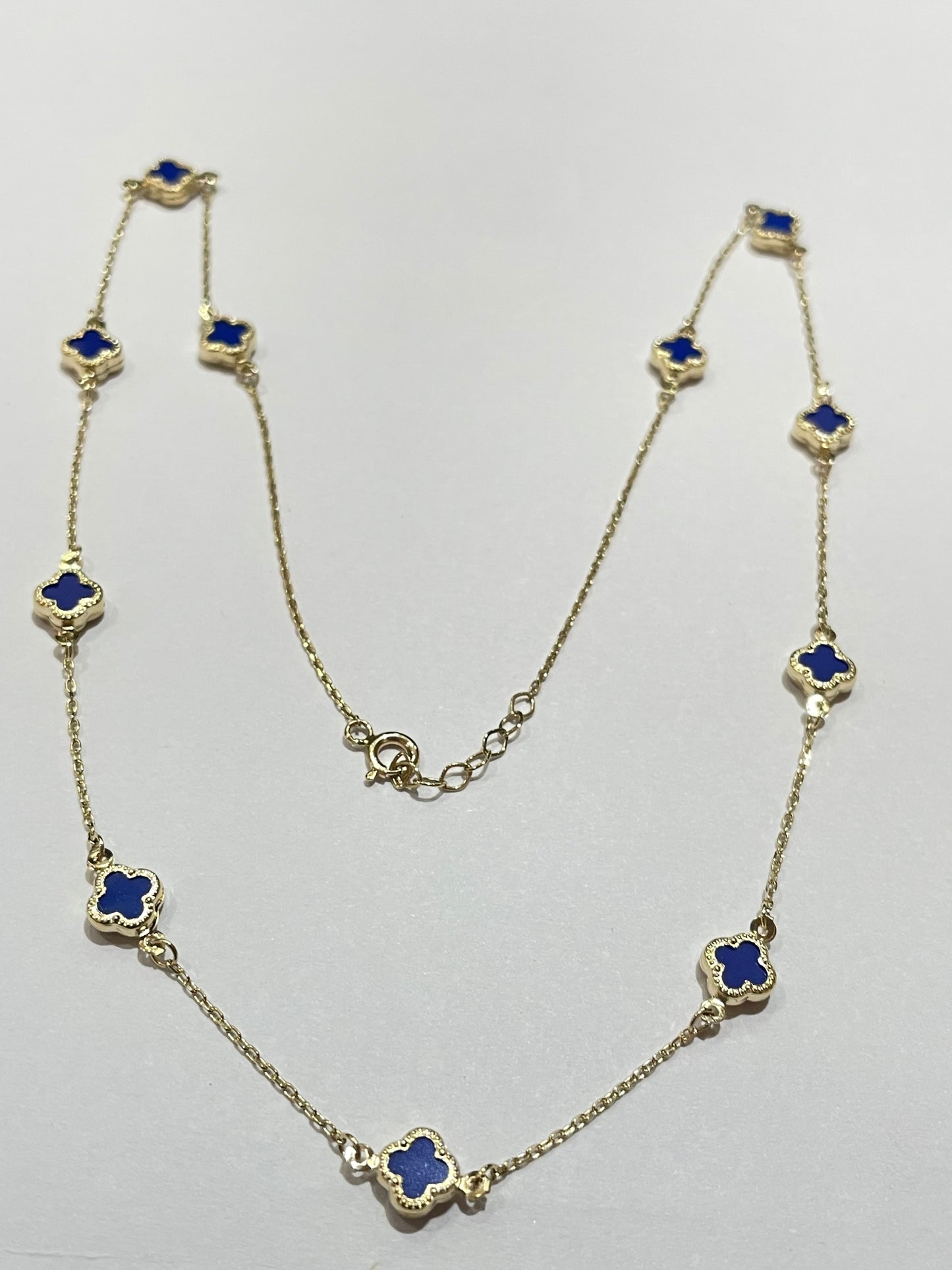 14K Yellow Gold Blue Clover Charm Necklace Set with CZ
