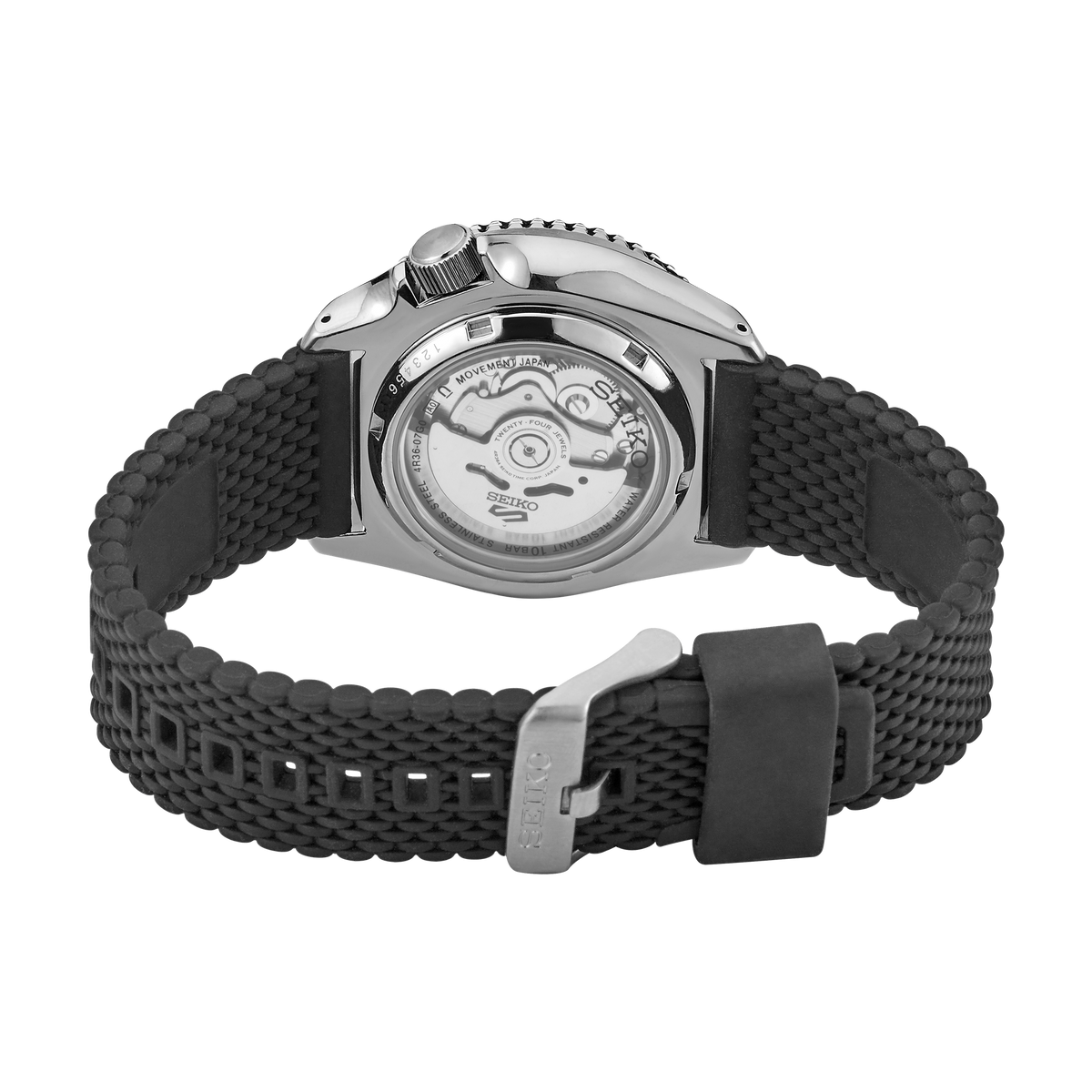 Seiko 5 Sports SRPD93 automatic watch with blue dial and black silicone strap. — caseback