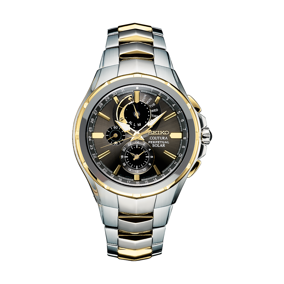 Seiko SSC376 men's two-tone stainless steel solar watch with gray dial.