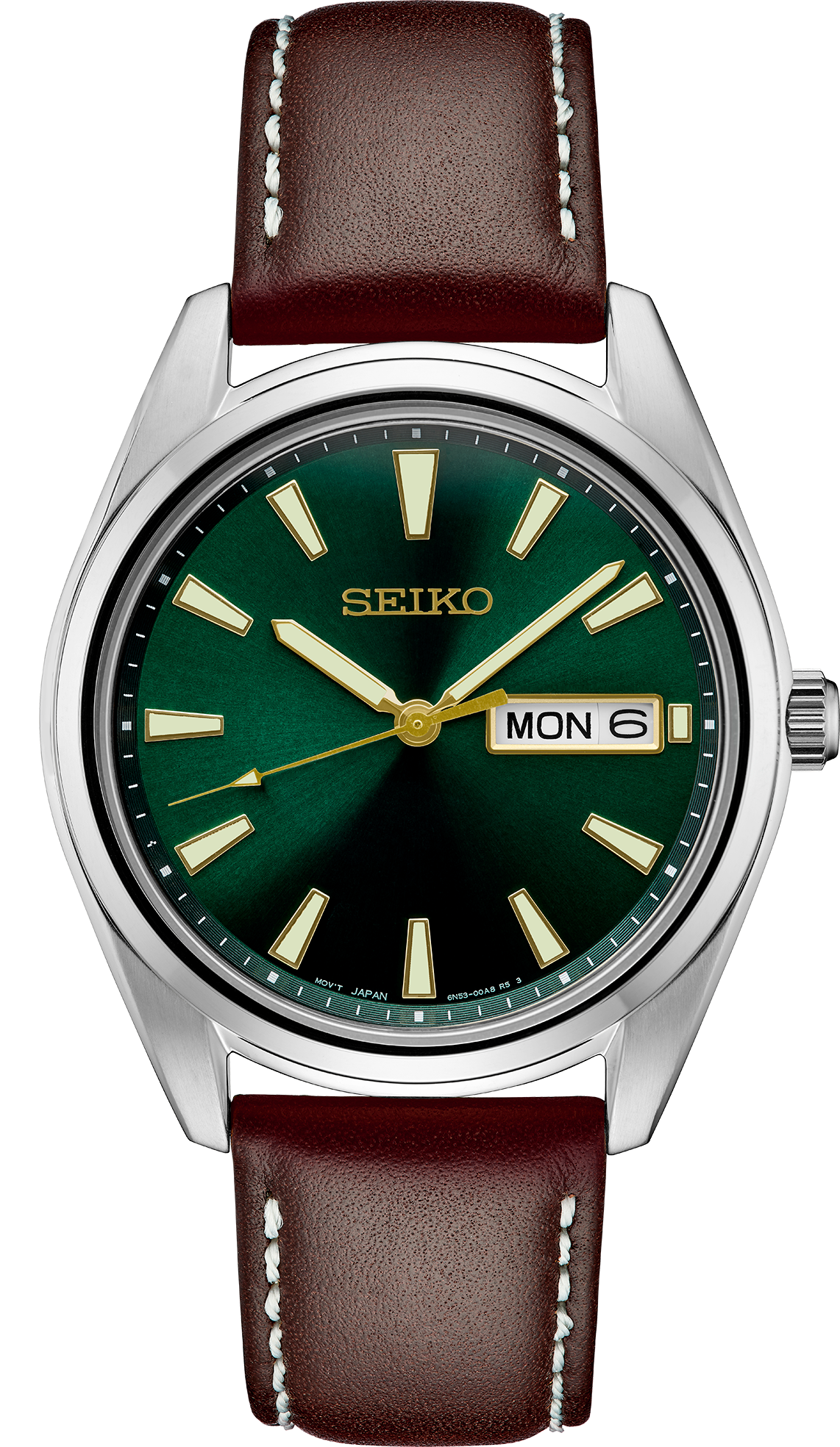 Seiko SUR449 men's quartz watch featuring a green dial and brown leather strap.