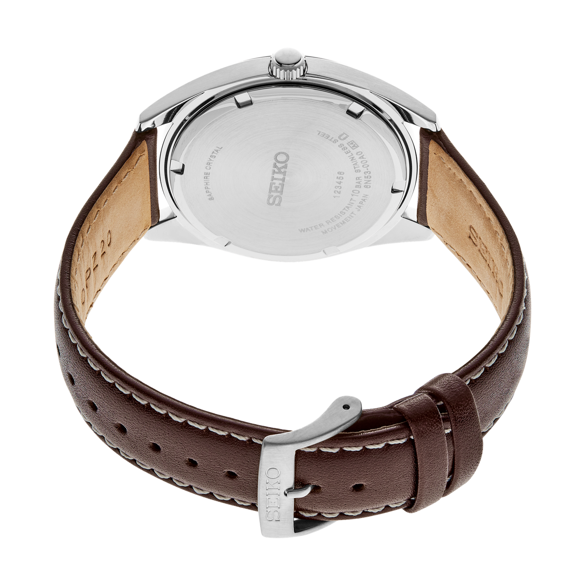 Seiko SUR449 men's quartz watch featuring a green dial and brown leather strap. — caseback