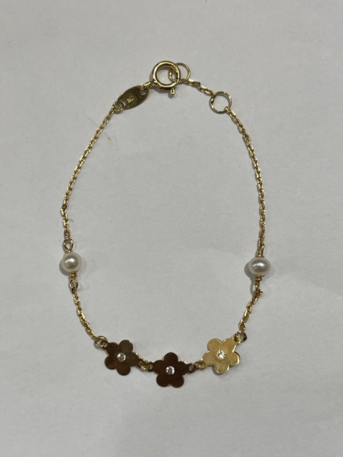 18K Yellow Gold Baby Bracelet with Pearl and CZ