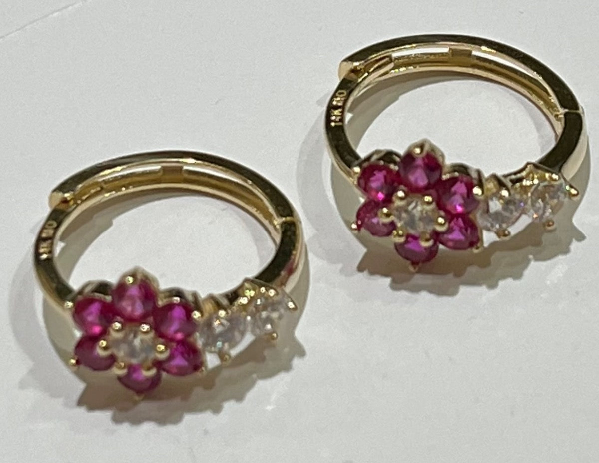 14K Yellow Gold Hoop Pink Flower Earring with CZ