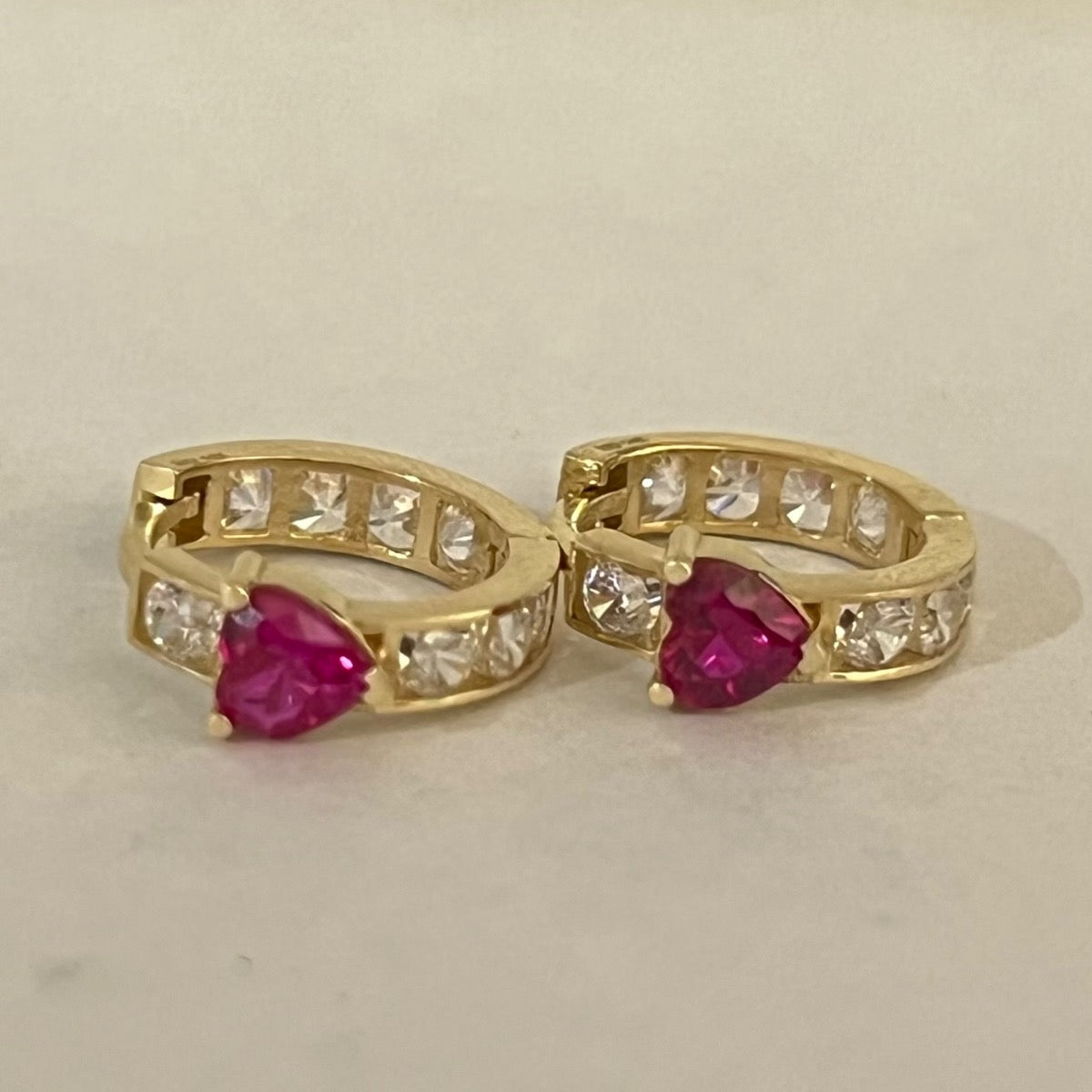 14K Yellow Gold Pink Heart Earring with CZ