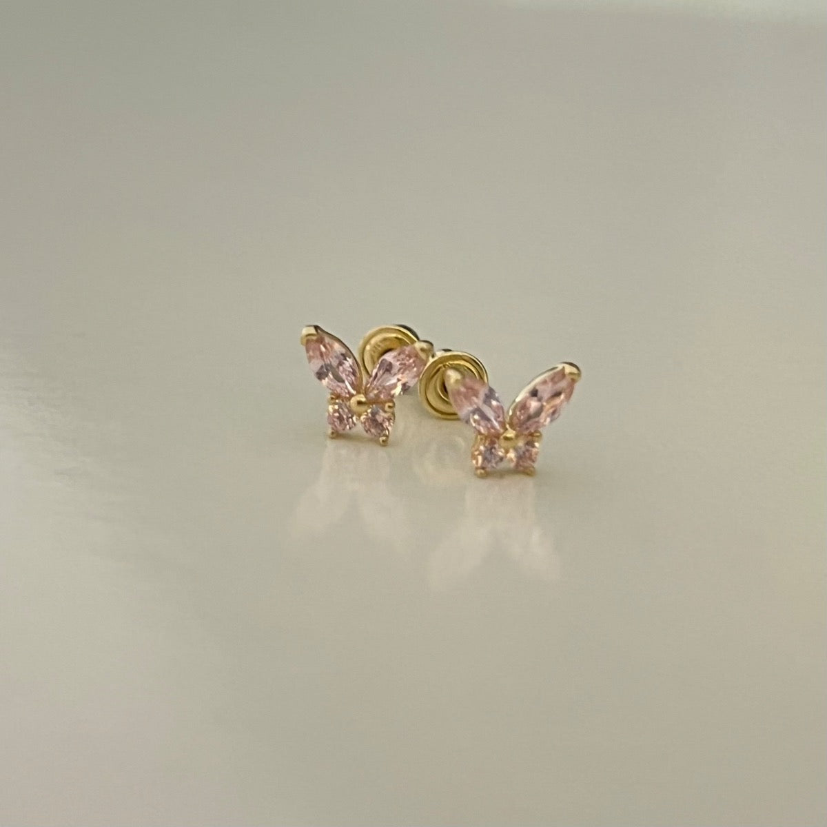 14K Yellow Gold Pink Butterfly Earring with CZ
