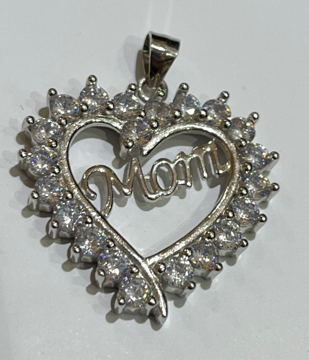 White Silver Heart Mom Pendant with CZ