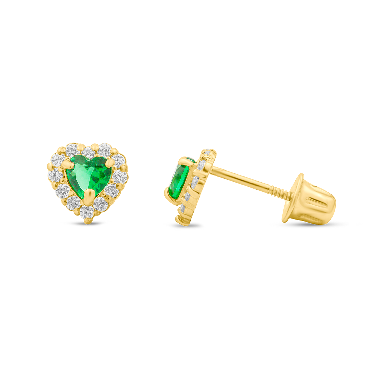 14K Yellow Gold Green Heart CZ Earrings