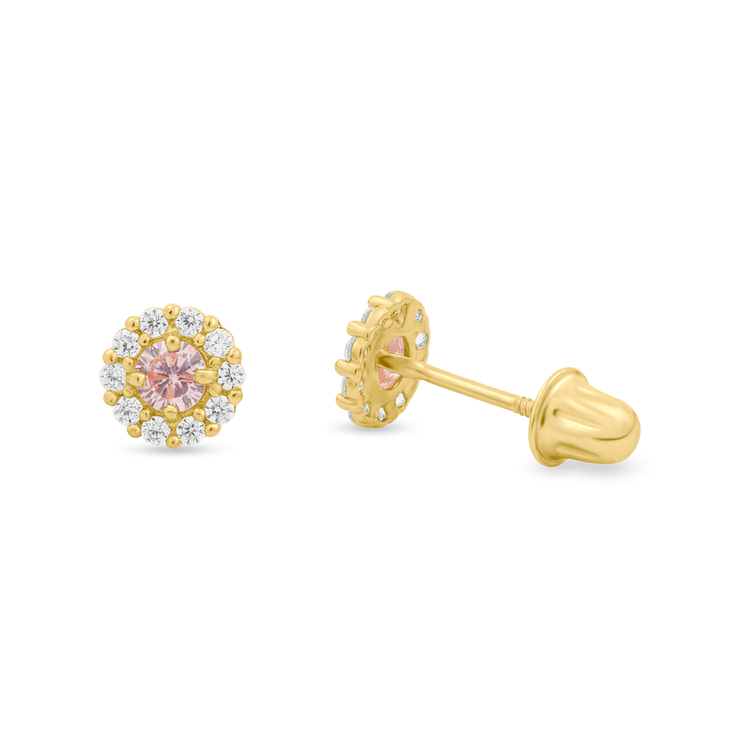 14K Yellow Gold Pink CZ Halo Studs