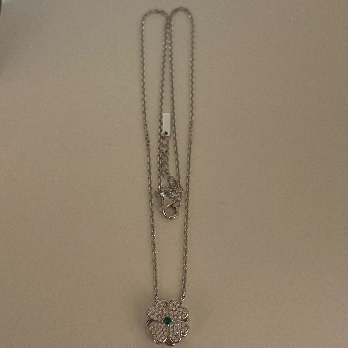 Silver Green Flower Charm Necklace Set with CZ