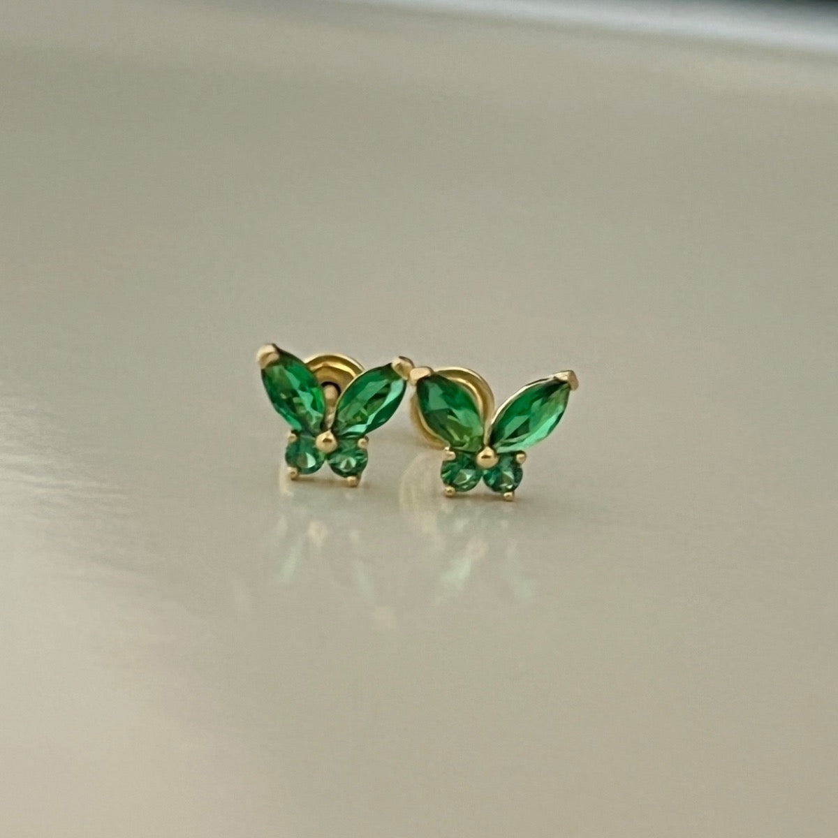 14K Yellow Gold Green Butterfly Earring with CZ
