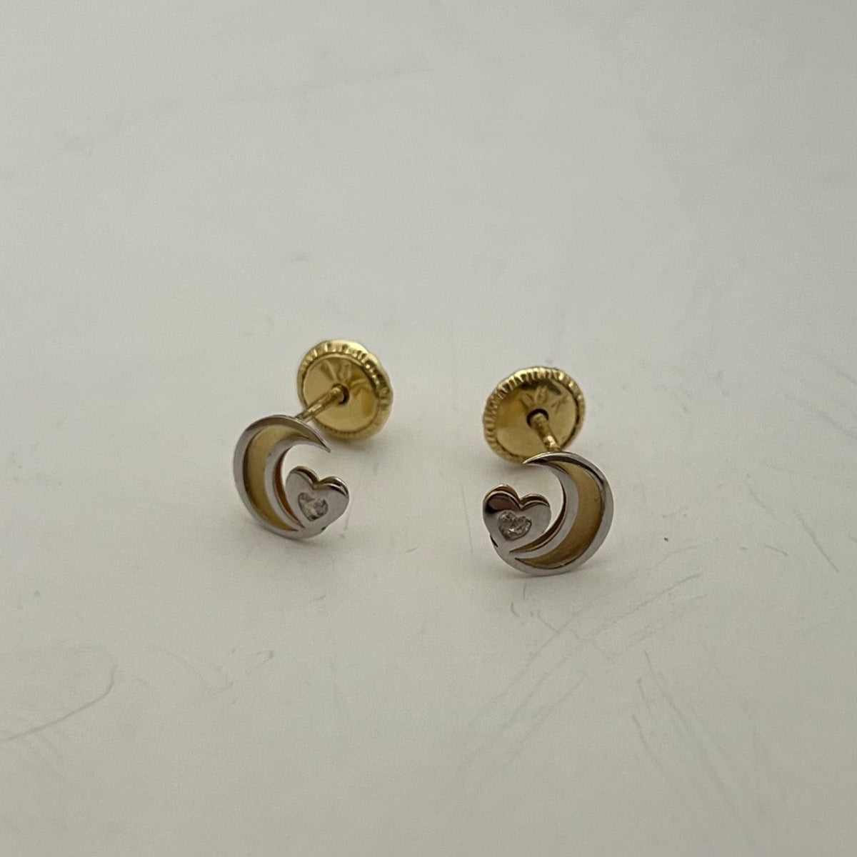 18K Two-Tone Gold Moon And Heart Earring with CZ
