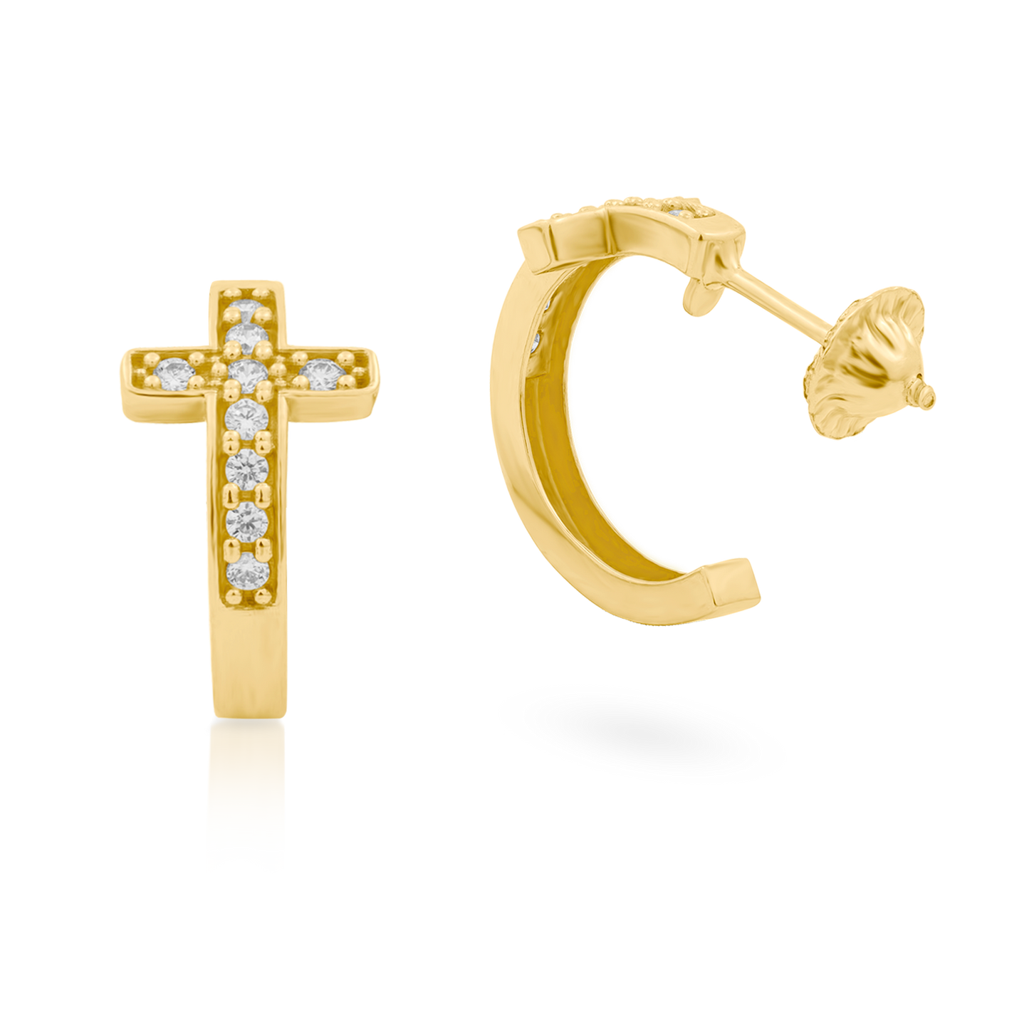 Brinco Meia Argola de Cruz com CZs em Ouro 18K Amarelo