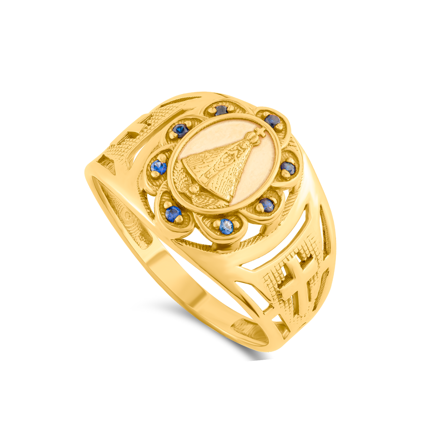 Anel Nossa Senora Aparecida com CZs em Ouro 18K Amarelo