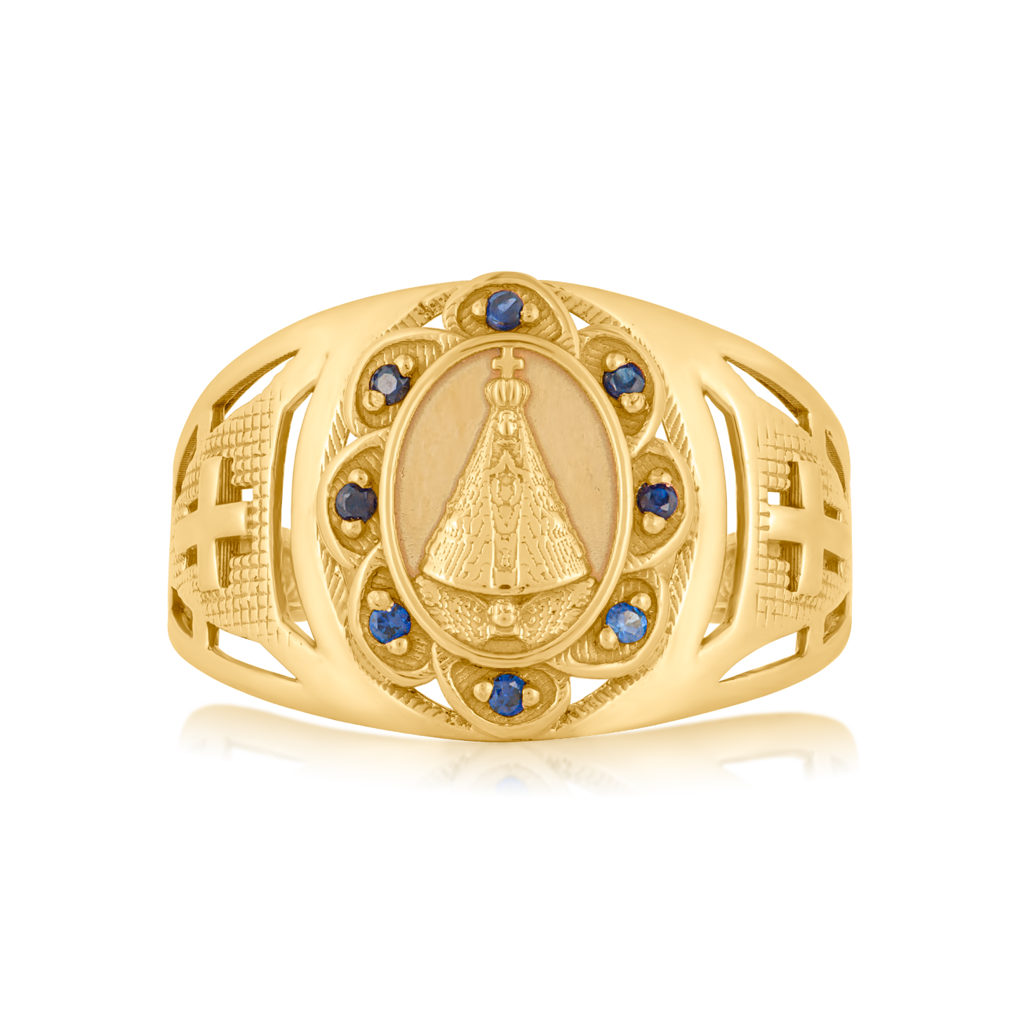 Anel Nossa Senora Aparecida com CZs em Ouro 18K Amarelo