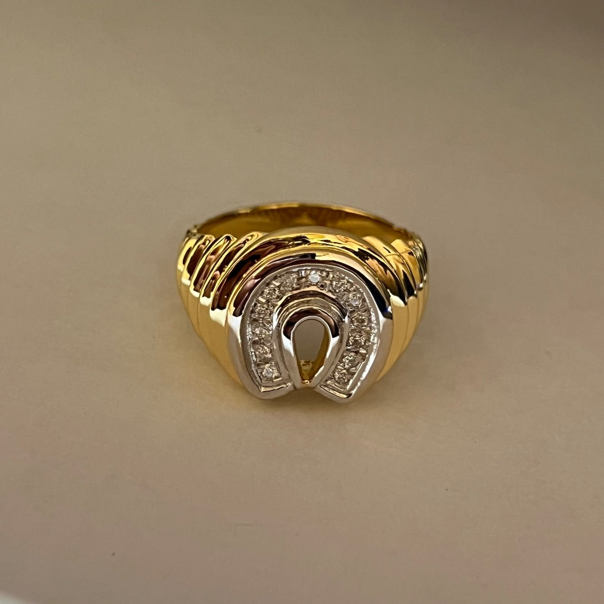 18K Two-Tone Gold Horse Shoe Men's Ring with Diamond