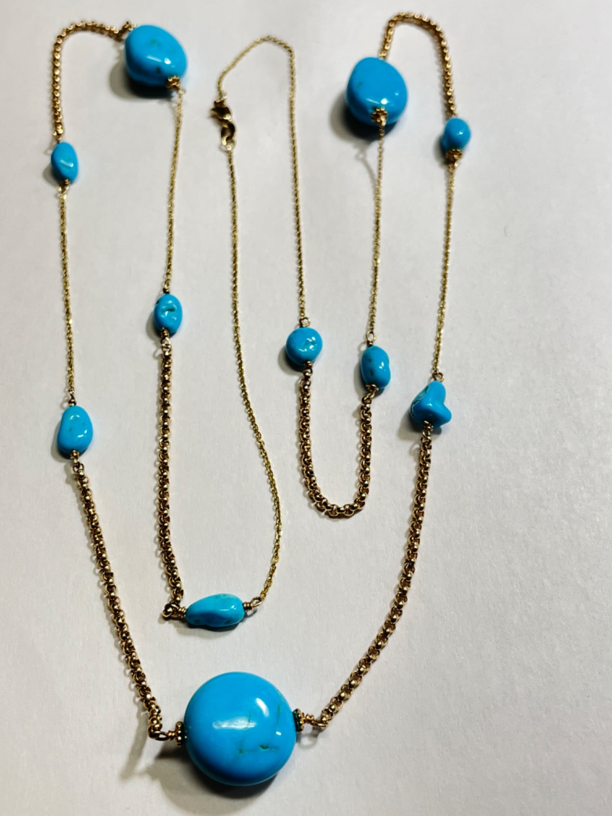 14K Yellow Gold Blue Charm Necklace Set with Turquoise