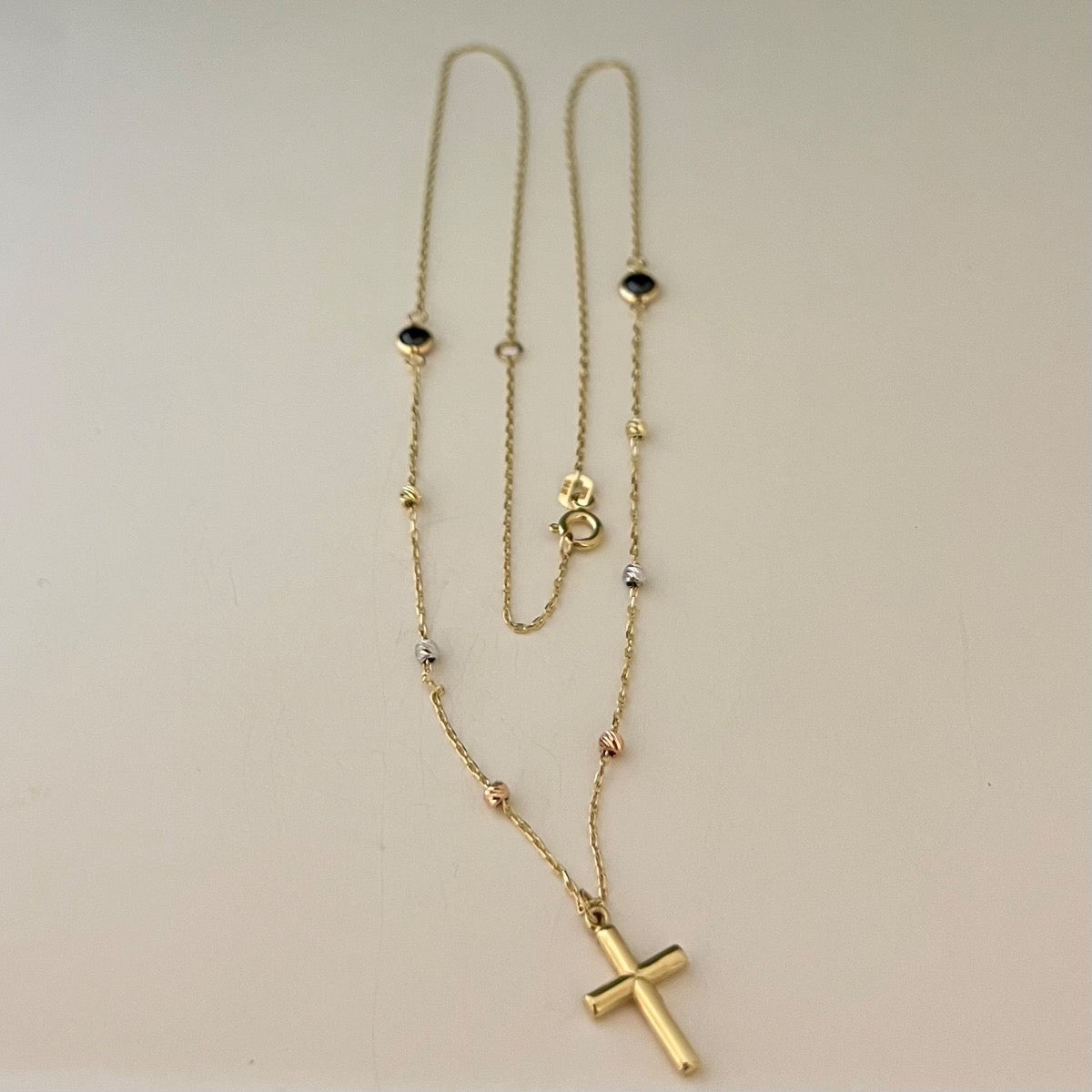 14K Tri-Tone Gold Cross Charm Necklace Set with CZ