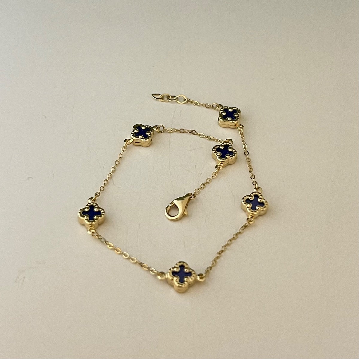 14K Yellow Gold Blue Four Leaf Clover Bracelet with CZ