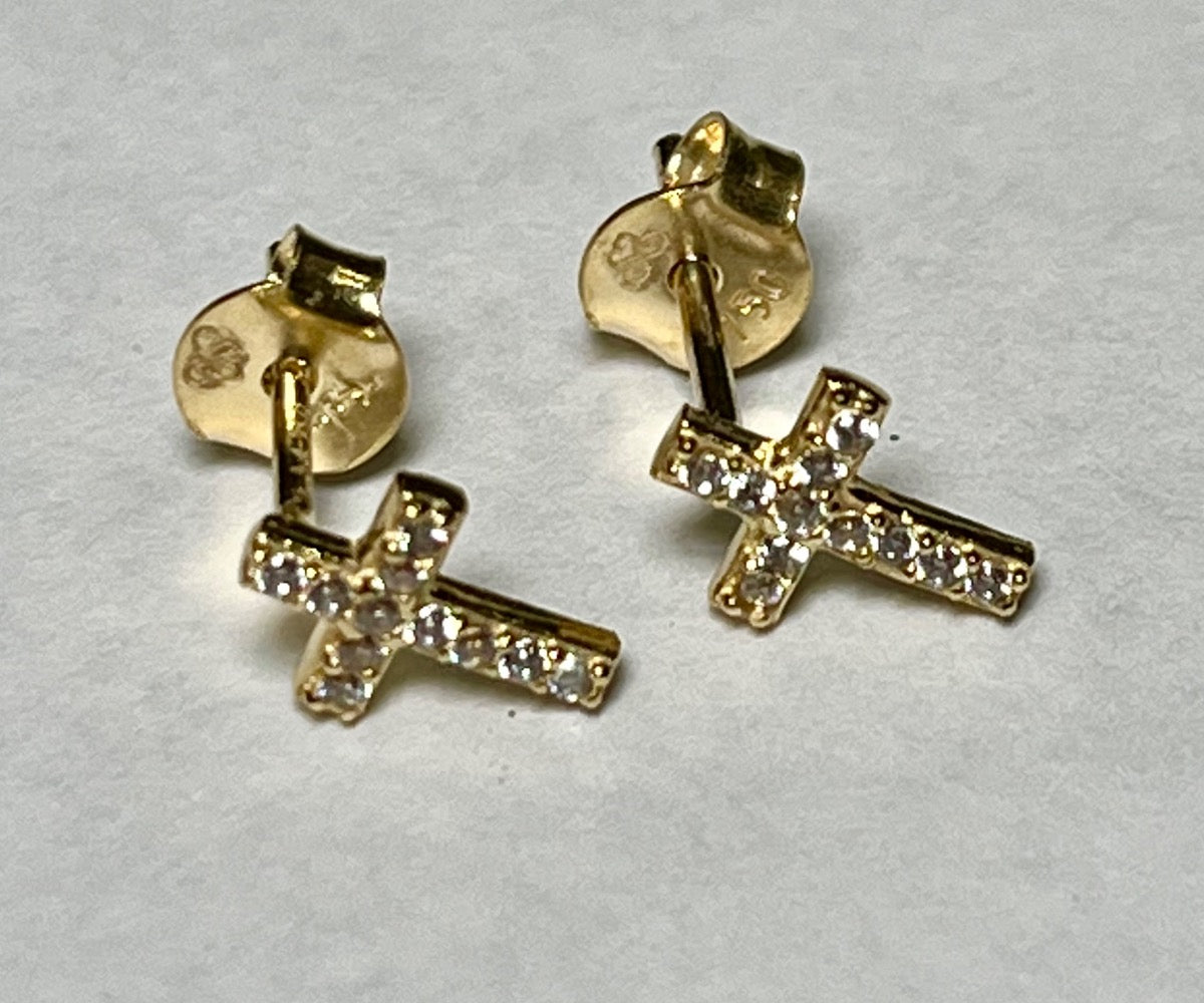 18K Yellow Gold Cross Earring with CZ