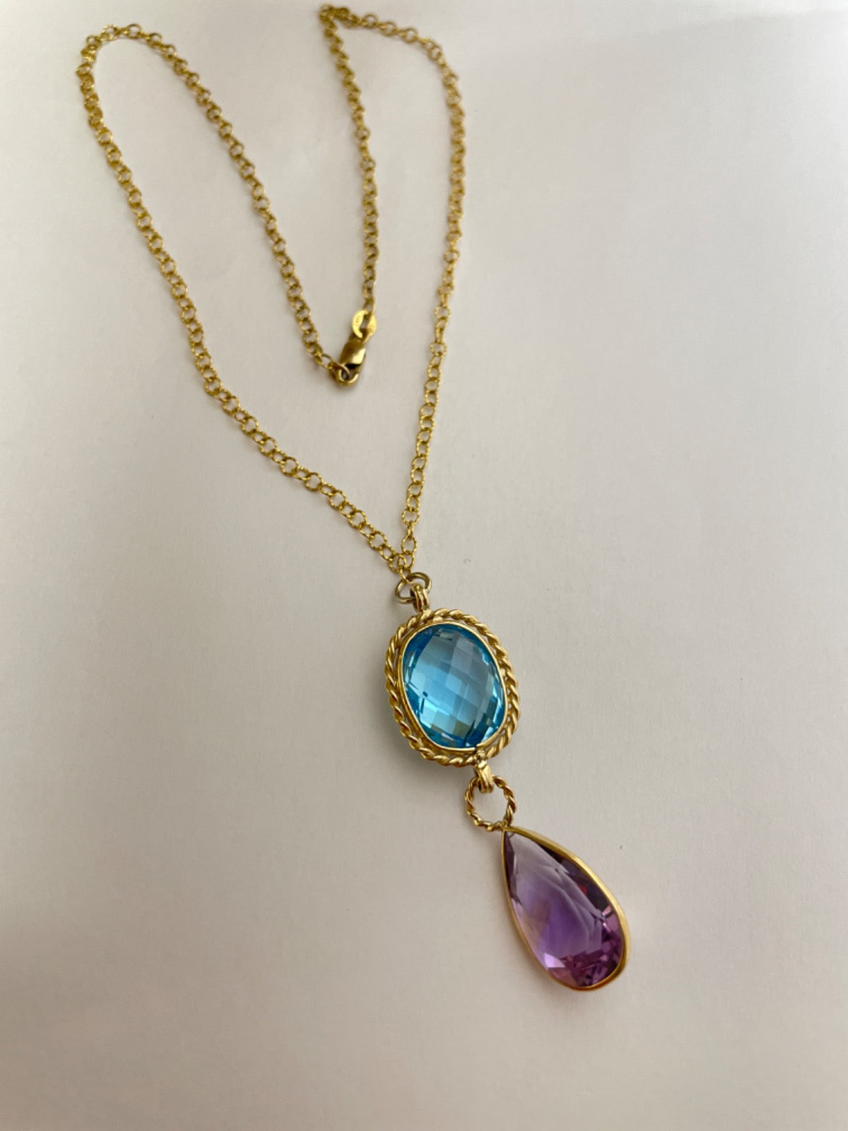 14K Yellow Gold Charm Necklace Set with Topaz and Amethyst