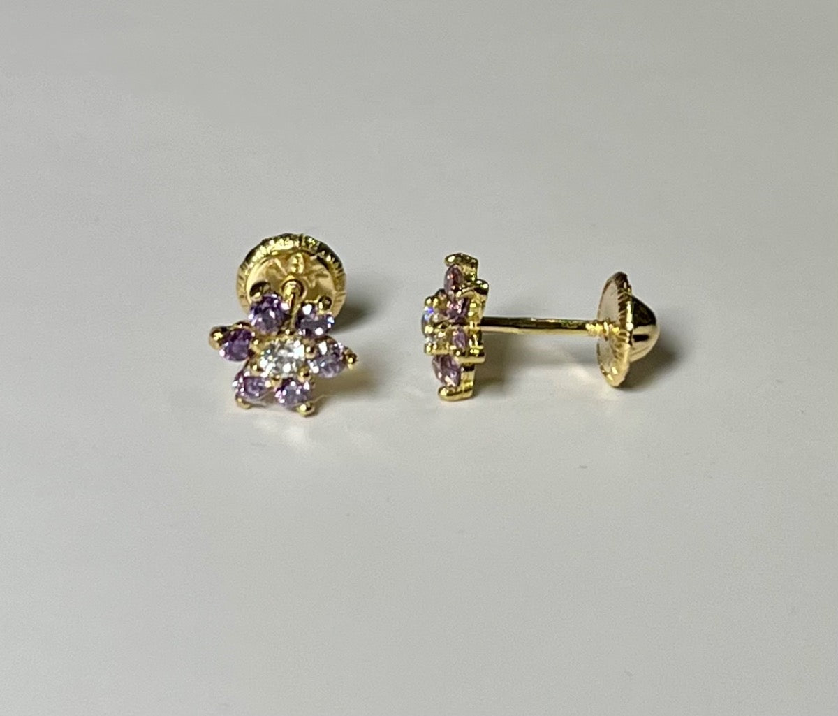 18K Yellow Gold Purple Flower Earring with CZ