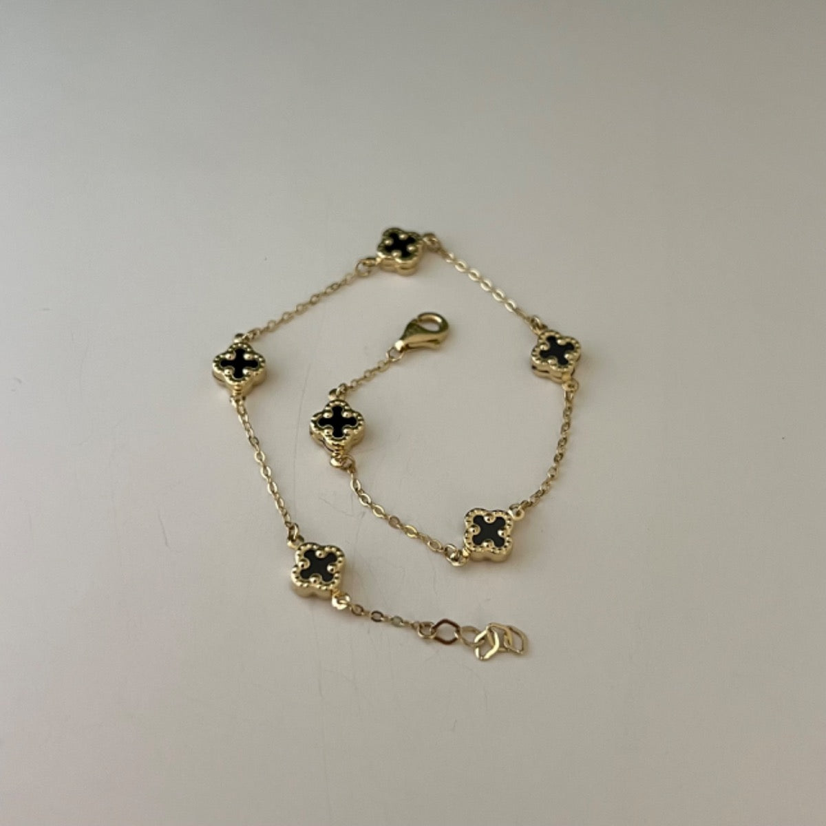 14K Yellow Gold Black Four Leaf Clover Bracelet with CZ