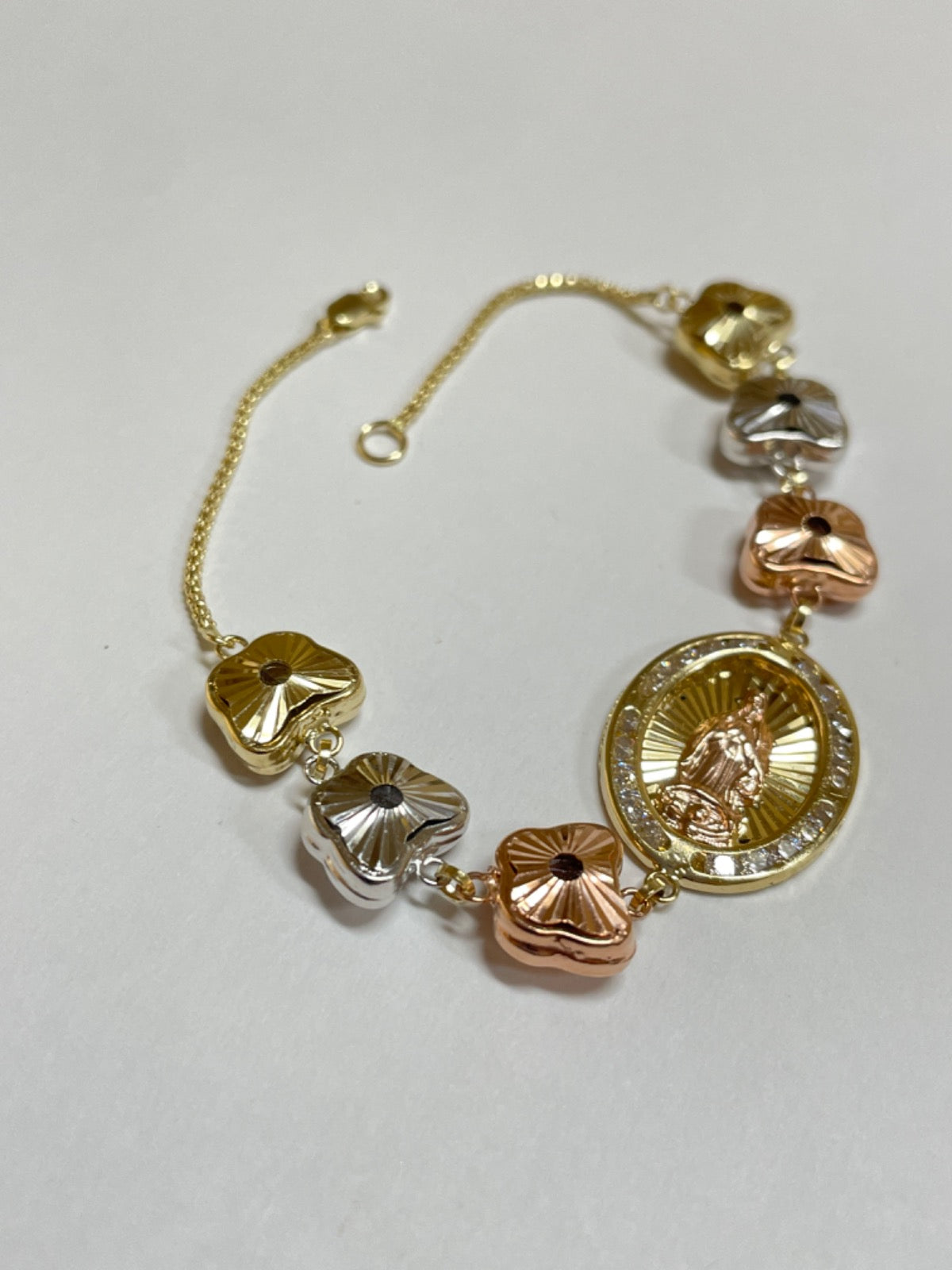 14K Tri-Tone Gold Our Lady Bracelet with CZ