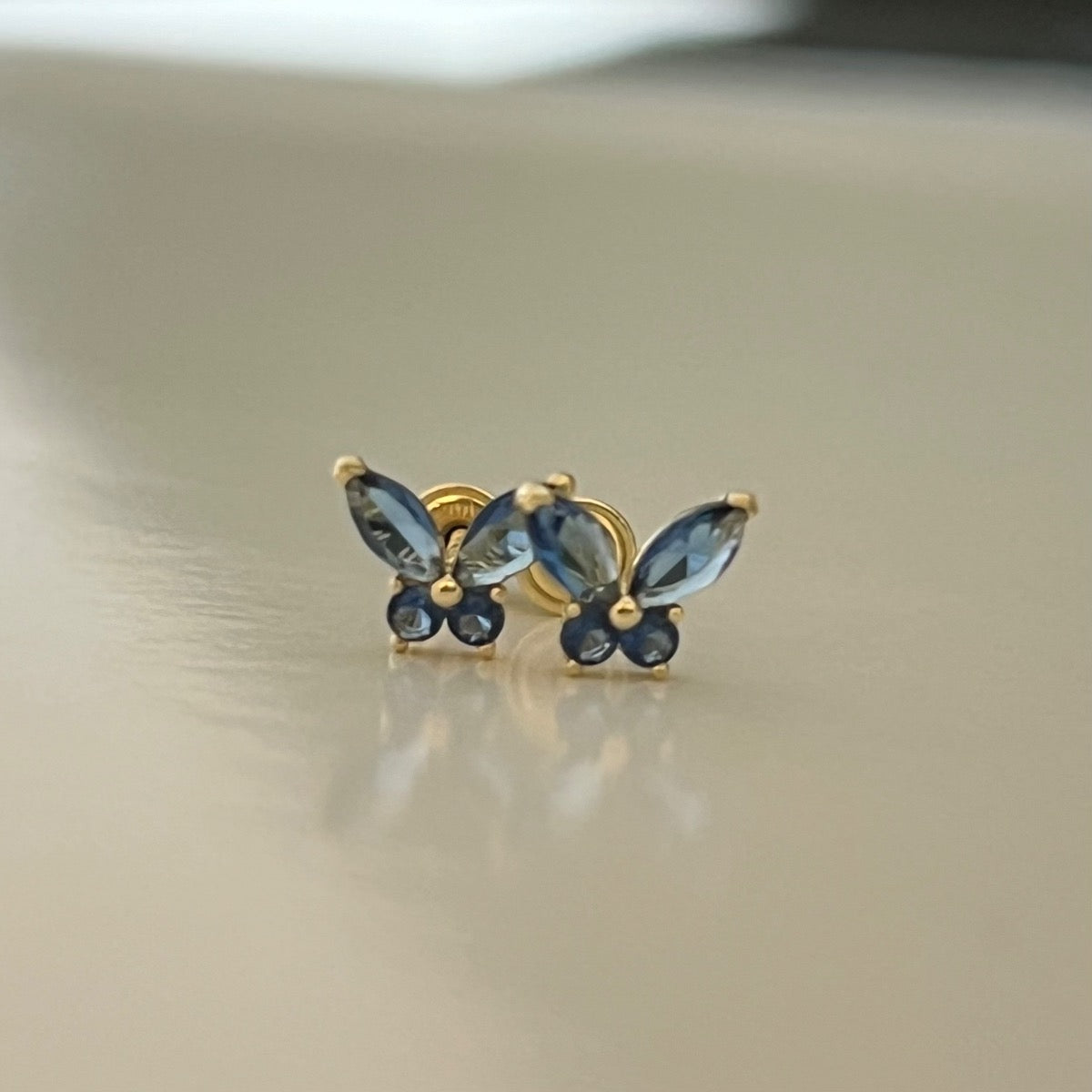 14K Yellow Gold Blue Butterfly Earring with CZ