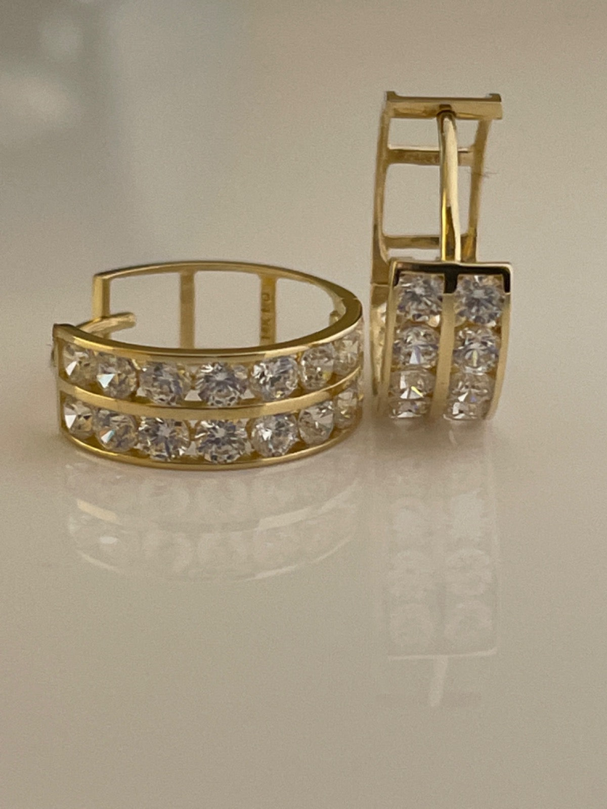 14K Yellow Gold Hoop 2CZ Rows 13.3mm Earring with CZ