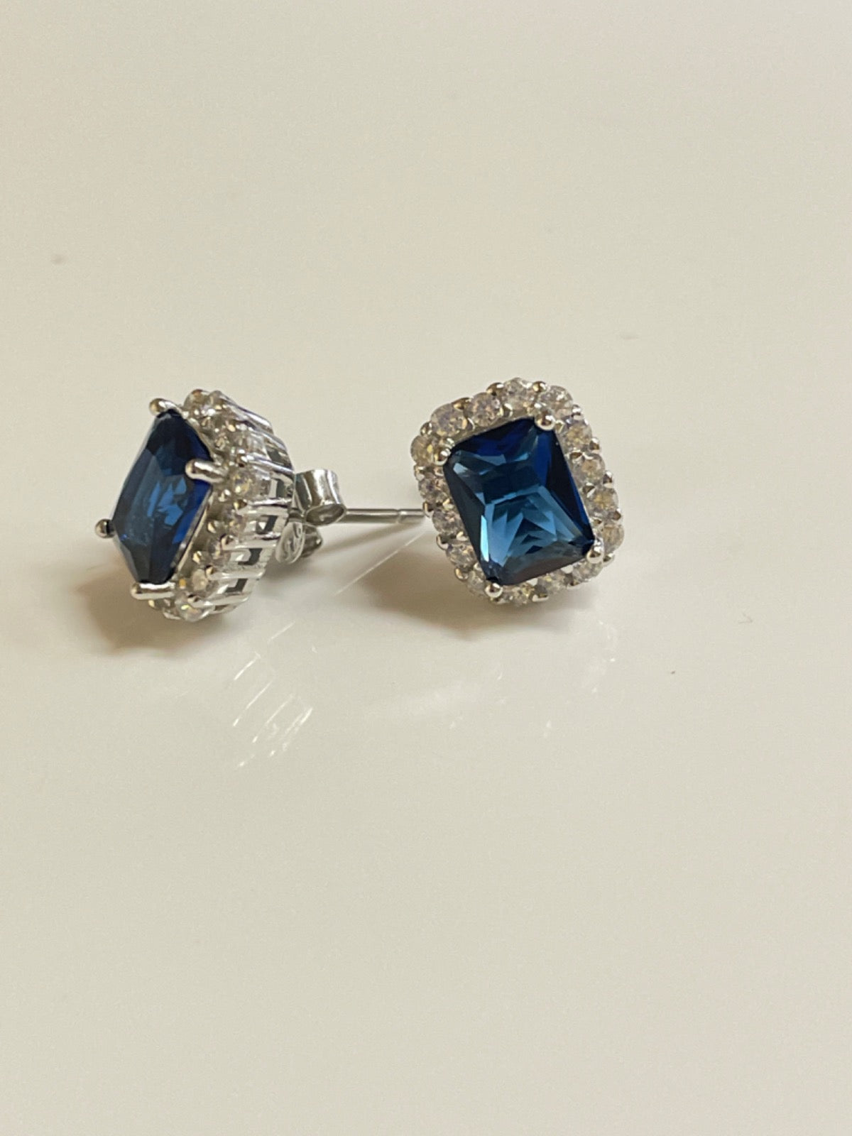 Silver Blue Emerald Cut Cz Earring