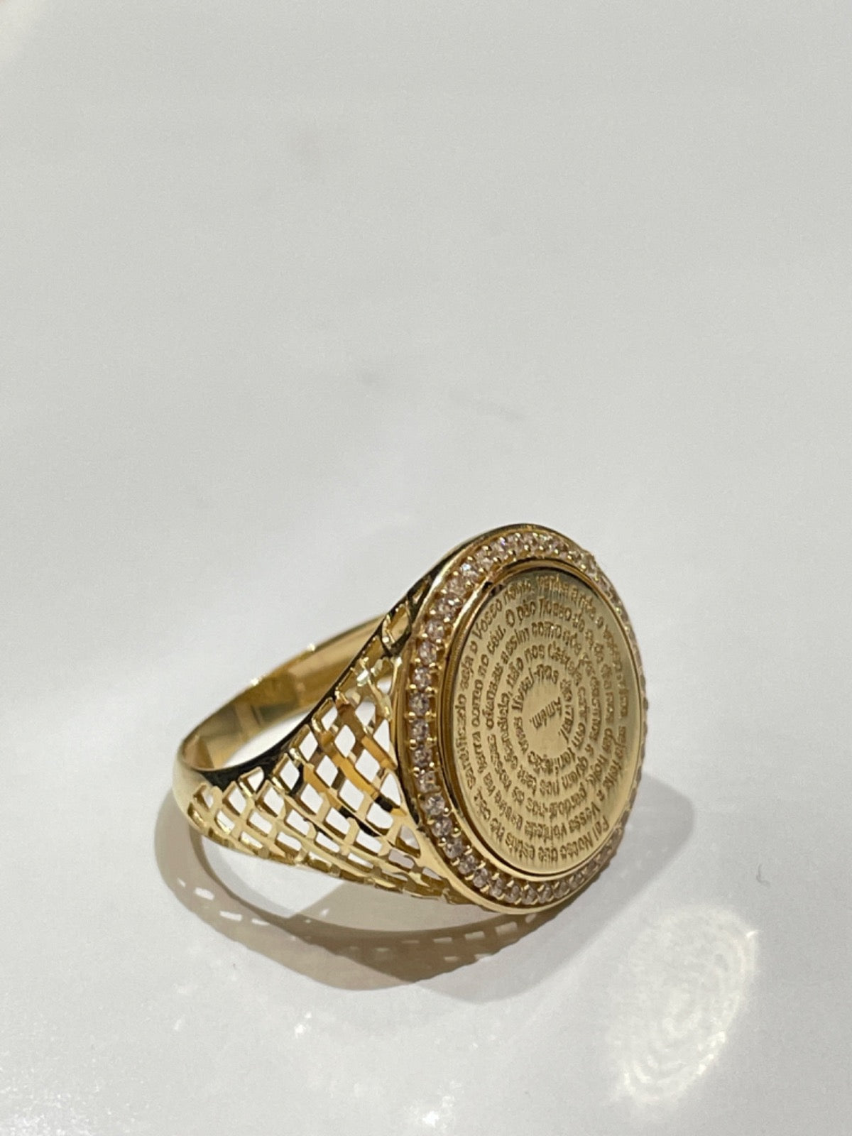 18K Yellow Gold Our Father Ring with CZ