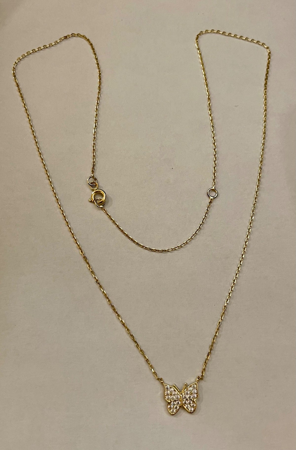 14K Yellow Gold Butterfly Charm Necklace Set with CZ