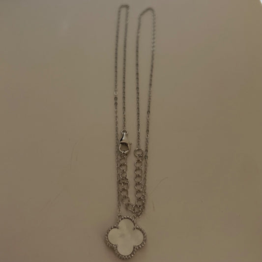 Silver Four Leaf Clover Charm Necklace Set with CZ