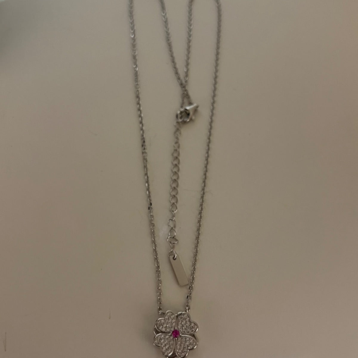 Silver Pink Flower Charm Necklace Set with CZ